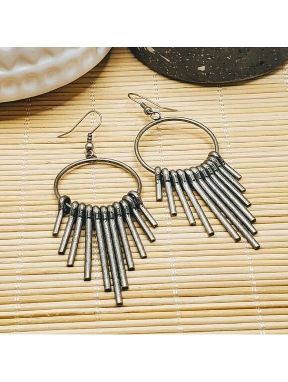 Mid Century Modern Style Graduated Spike Dangles Earrings Burnished Silver